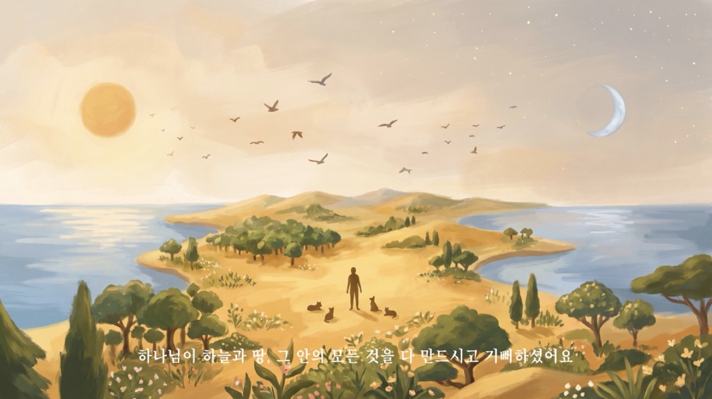 닫는 컷만화. 해와 달 아래 섬에 선 사람과 동물들, 그리고 '하나님이 하늘과 땅, 그 안의 모든 것을 다 만드시고 기뻐하셨어요'